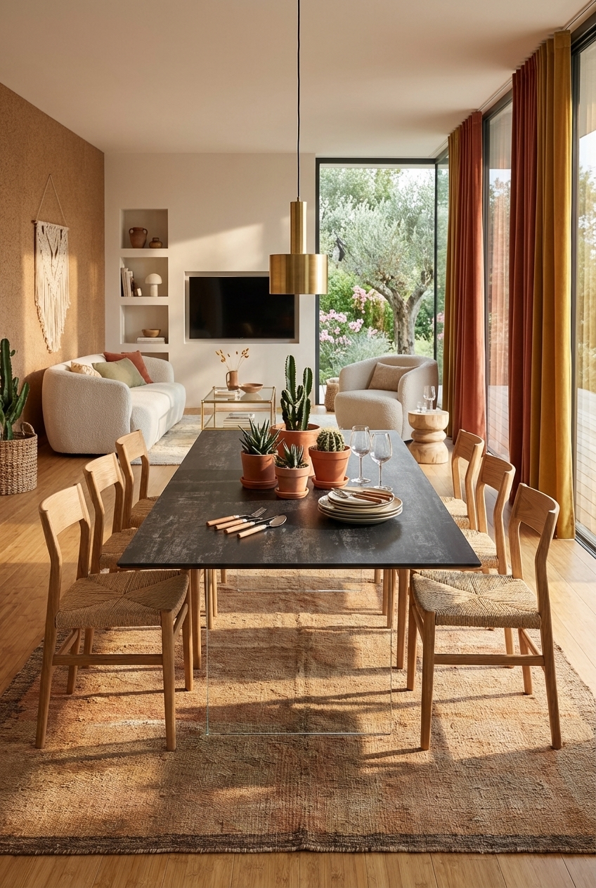 Ein Juteteppich in Sandton unter dem Esstisch Hadir Keramik schafft Wärme und Boho-Charakter.