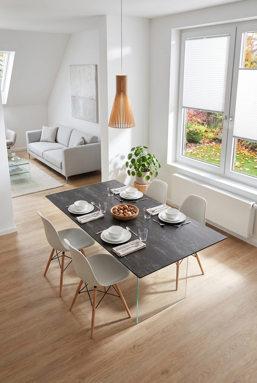 Transparent gestaltete Tischbeine des Esstischs Hadir Keramik schaffen Leichtigkeit im kleinen Wohnzimmer und Essbereich