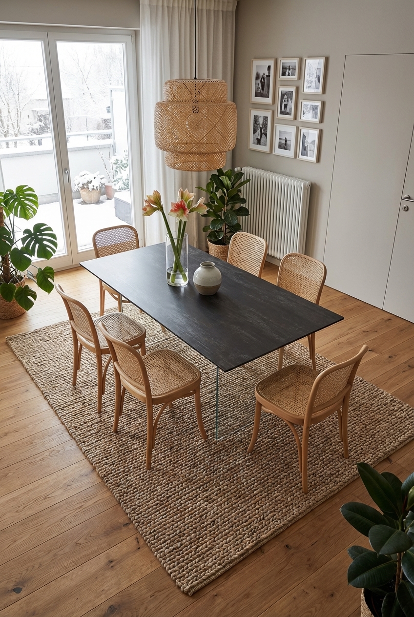 Teppich aus Jute ergänzt die geflochtenen Stühle und den Esstisch Hadir Keramik harmonisch.