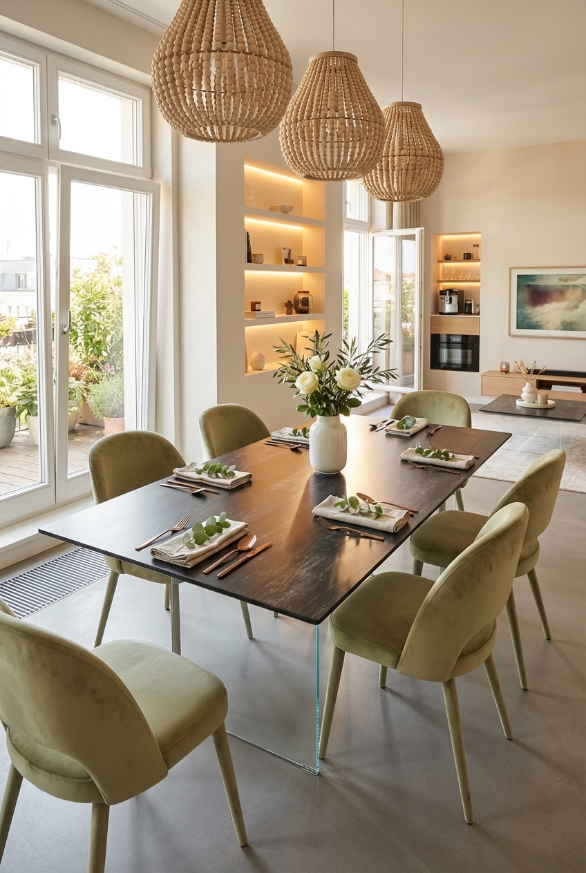 Esszimmer mit dunklem Hadir Keramik Tisch und Stühlen in Salbeitönen