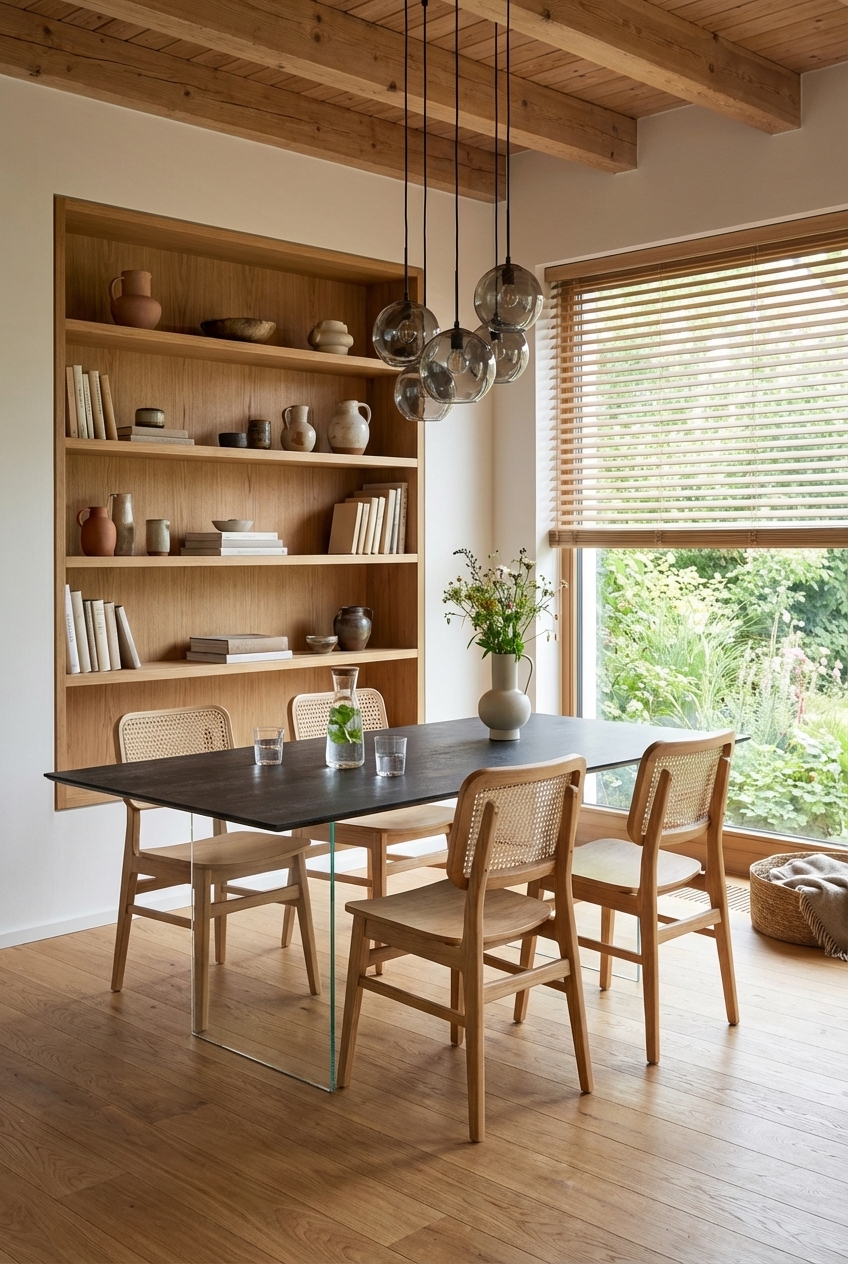 Esszimmer mit wandbündiger Holz-Nische und Keramiktisch Hadir in harmonischer Gestaltung