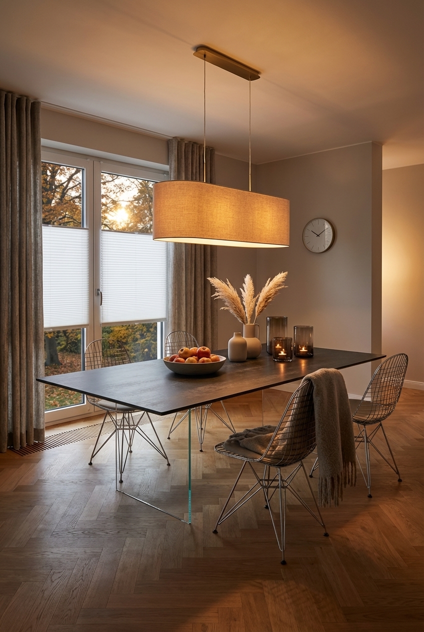 Ein Esszimmer mit weicher Pendelleuchte und reflektierendem Holzboden, der sanftes Licht verbreitet