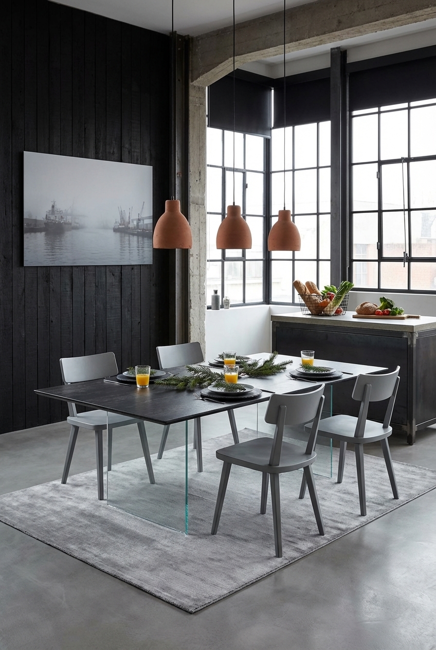 Graue Holzstühle setzen skandinavische Akzente im industriellen Esszimmer.