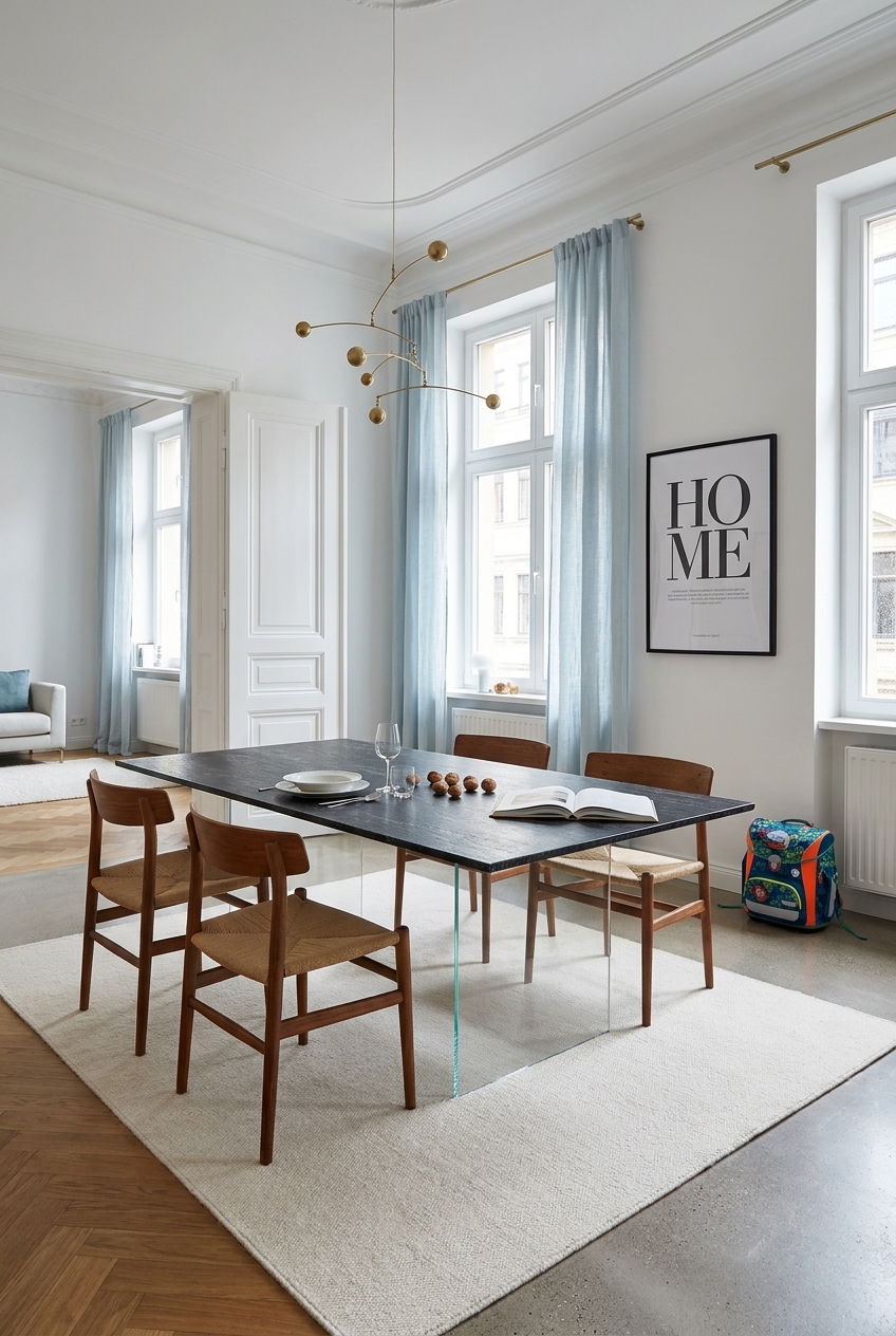 Esszimmer mit transparenten Glasbeinen, die den Keramiktisch Hadir tragen und Weite schaffen