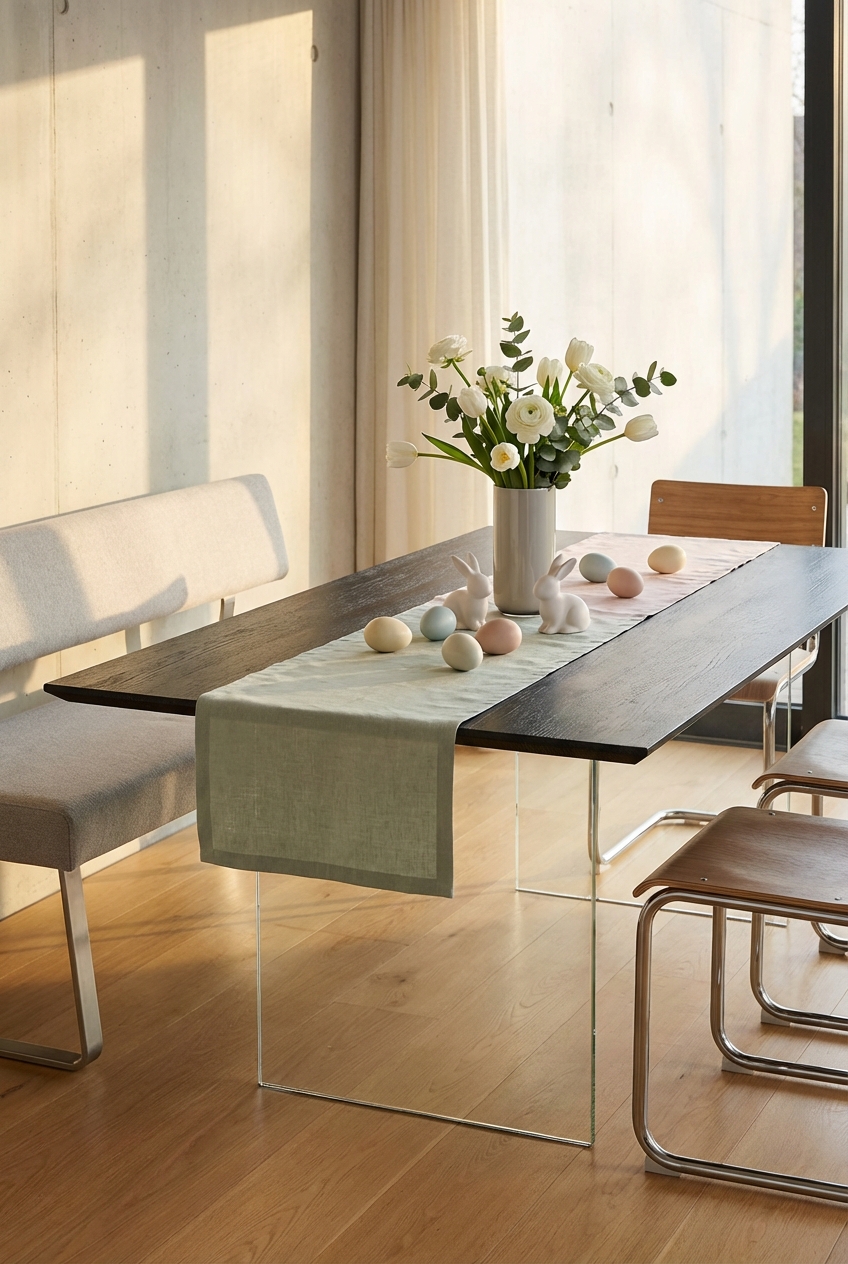 Helle Keramikdekoration auf dunklem Tisch mit pastellfarbenen Eiern und Grün