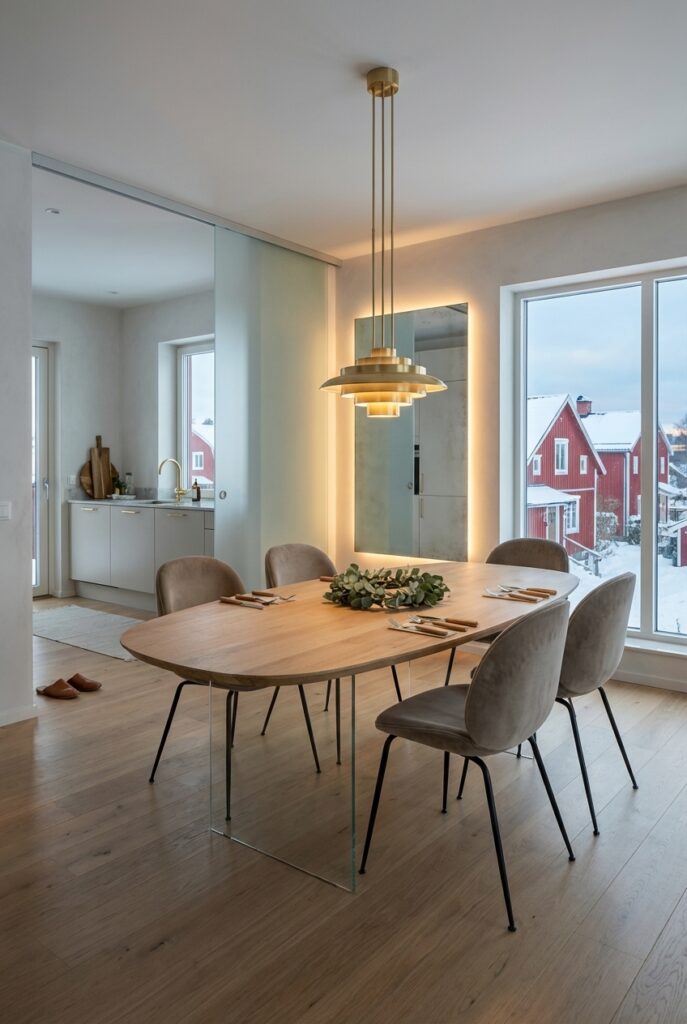 Skandinavisches Esszimmer mit Glaswand, hellem Boden und ovalem Eichen-Esstisch Hadir