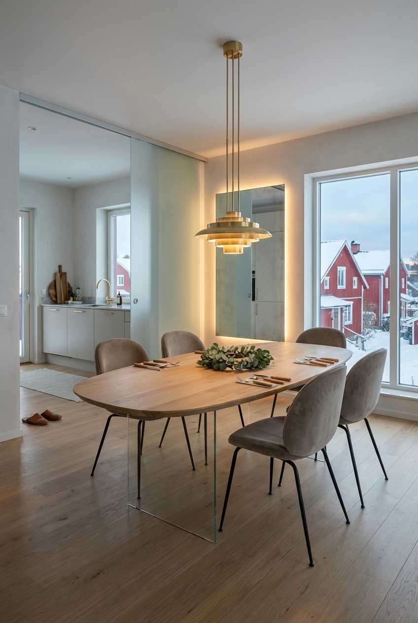Skandinavisches Esszimmer mit Glaswand, hellem Boden und ovalem Eichen-Esstisch Hadir