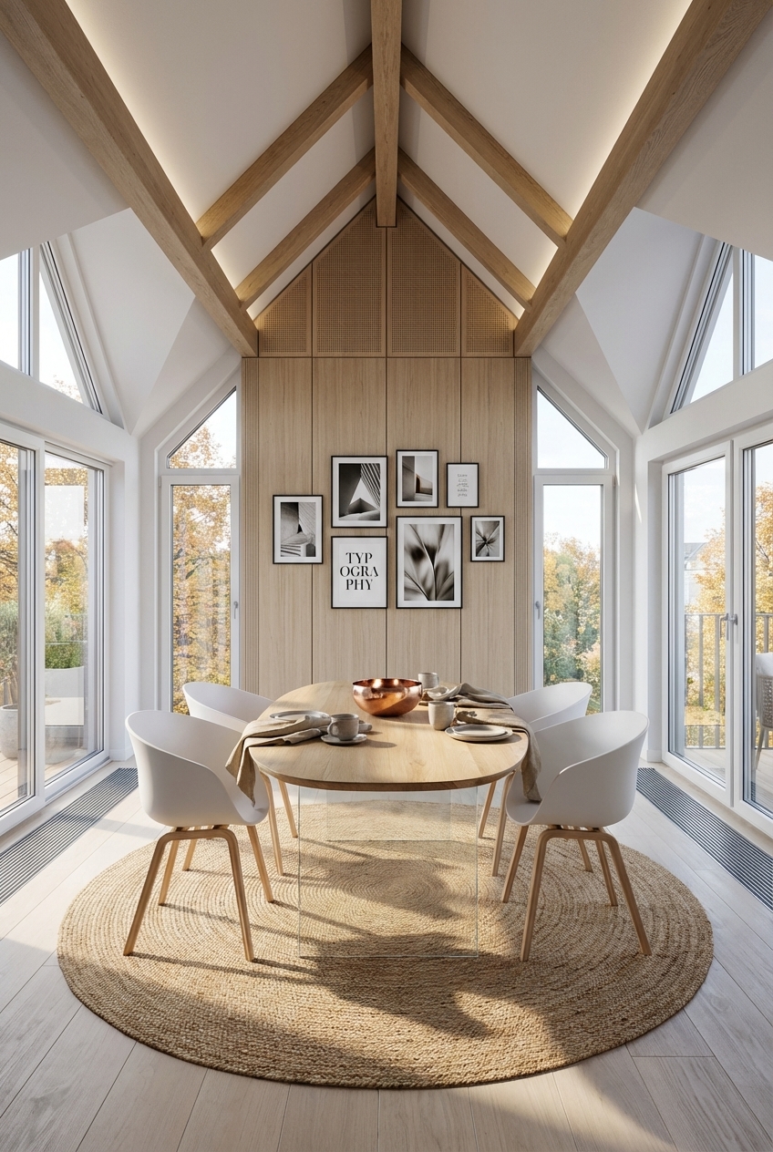 Ovaler Esstisch Hadir aus Eiche, ideal für Räume mit Dachschrägen, schafft fließende Gestaltungsmöglichkeiten.