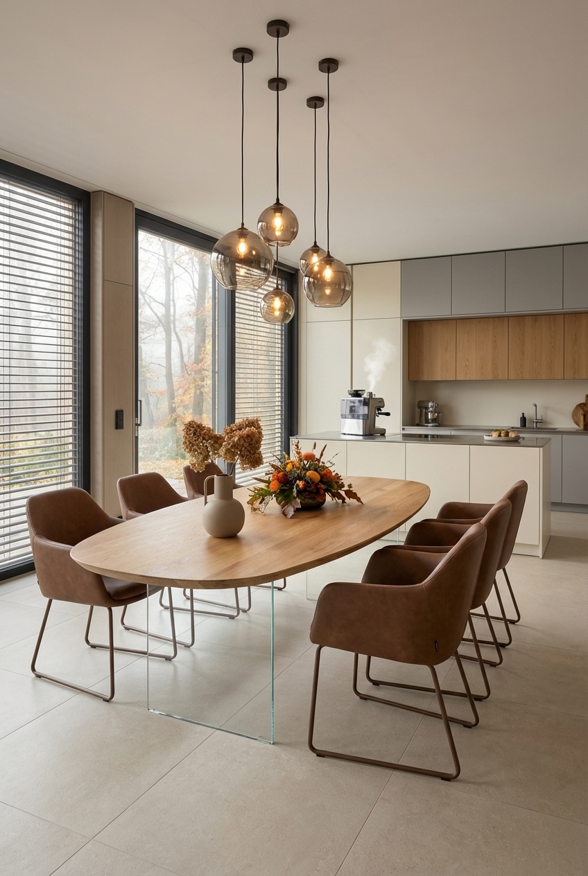 Ovaler Esstisch Hadir aus Eiche mit flexibler Schiebetür zur Küche