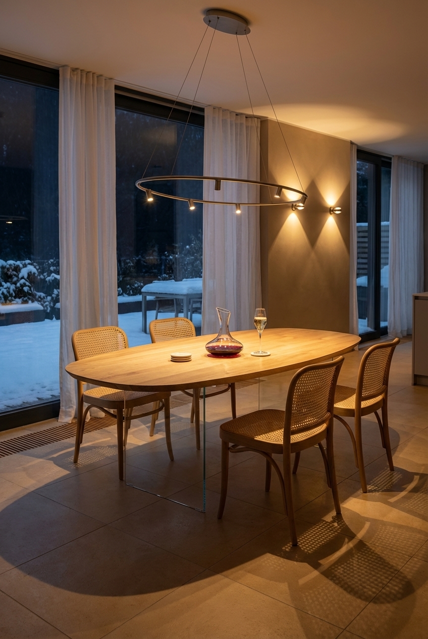 Eine ringförmige Pendelleuchte über dem ovalen Esstisch Hadir aus Eiche sorgt für harmonische Beleuchtung und betont die Tischform.
