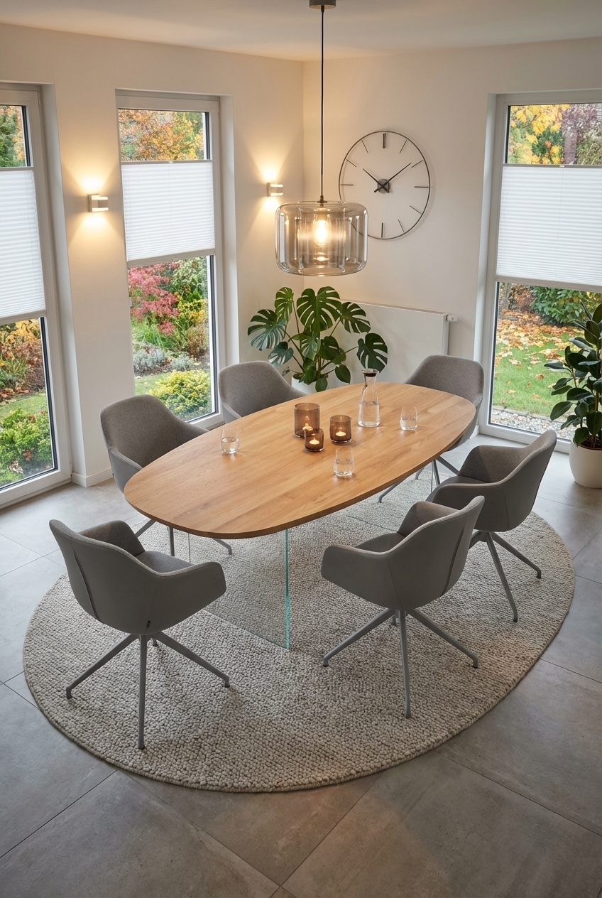 Ein heller Teppich auf dunklen Fliesen hebt den Essbereich um den ovalen Esstisch Hadir aus Eiche hervor