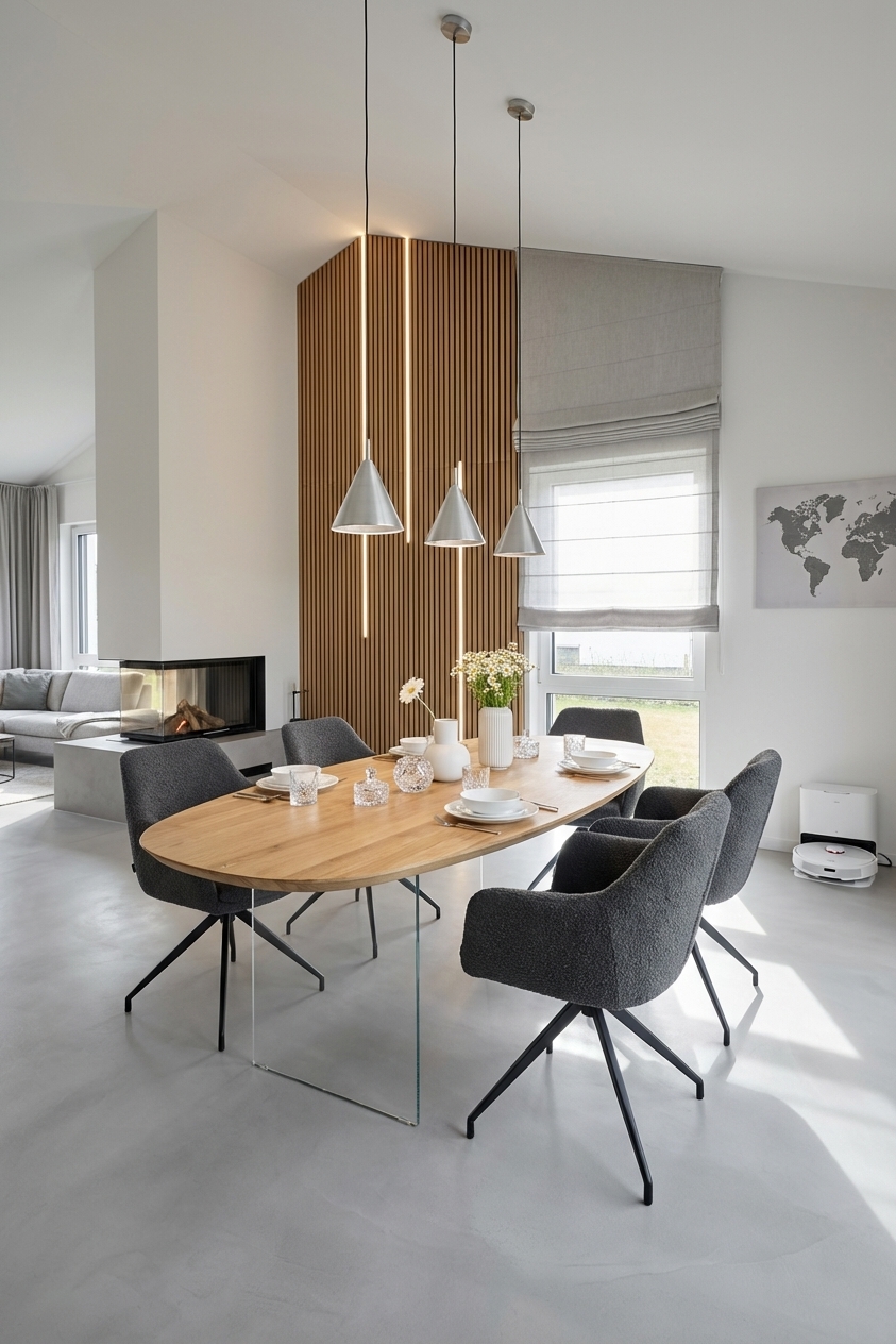 Essbereich mit ovalem Eiche-Tisch Hadir vor dekorativen Holzpaneelen