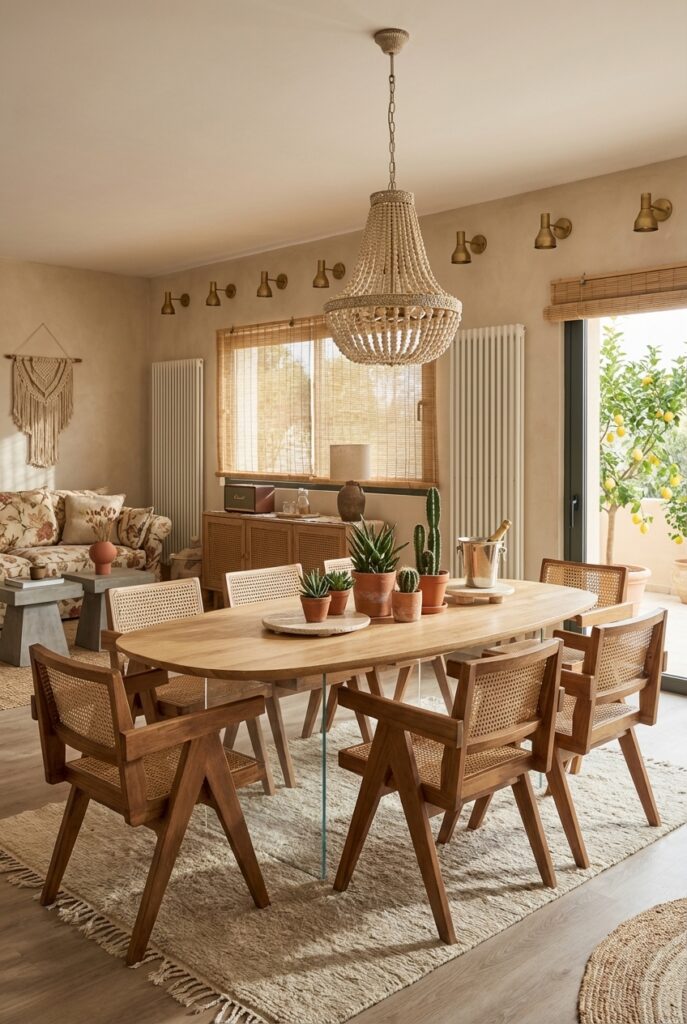 Kleine Terrakotta-Töpfe mit Kakteen auf einem ovalen Esstisch aus Eiche schaffen einen Boho-Look.