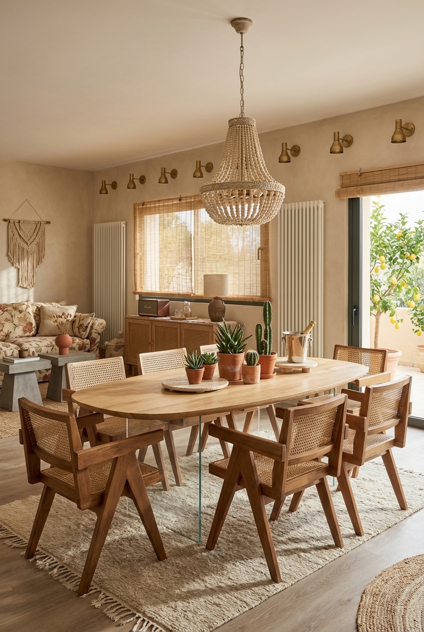 Kleine Terrakotta-Töpfe mit Kakteen auf einem ovalen Esstisch aus Eiche schaffen einen Boho-Look.