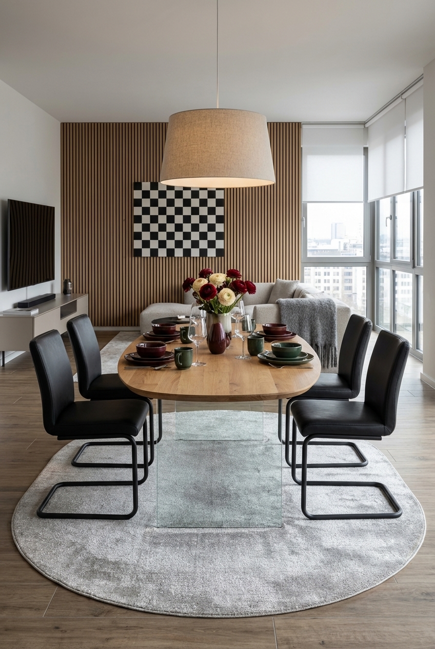 Sofa als Sitzbank vor Holzpaneelen, ergänzt von ovalem Esstisch Hadir aus Eiche