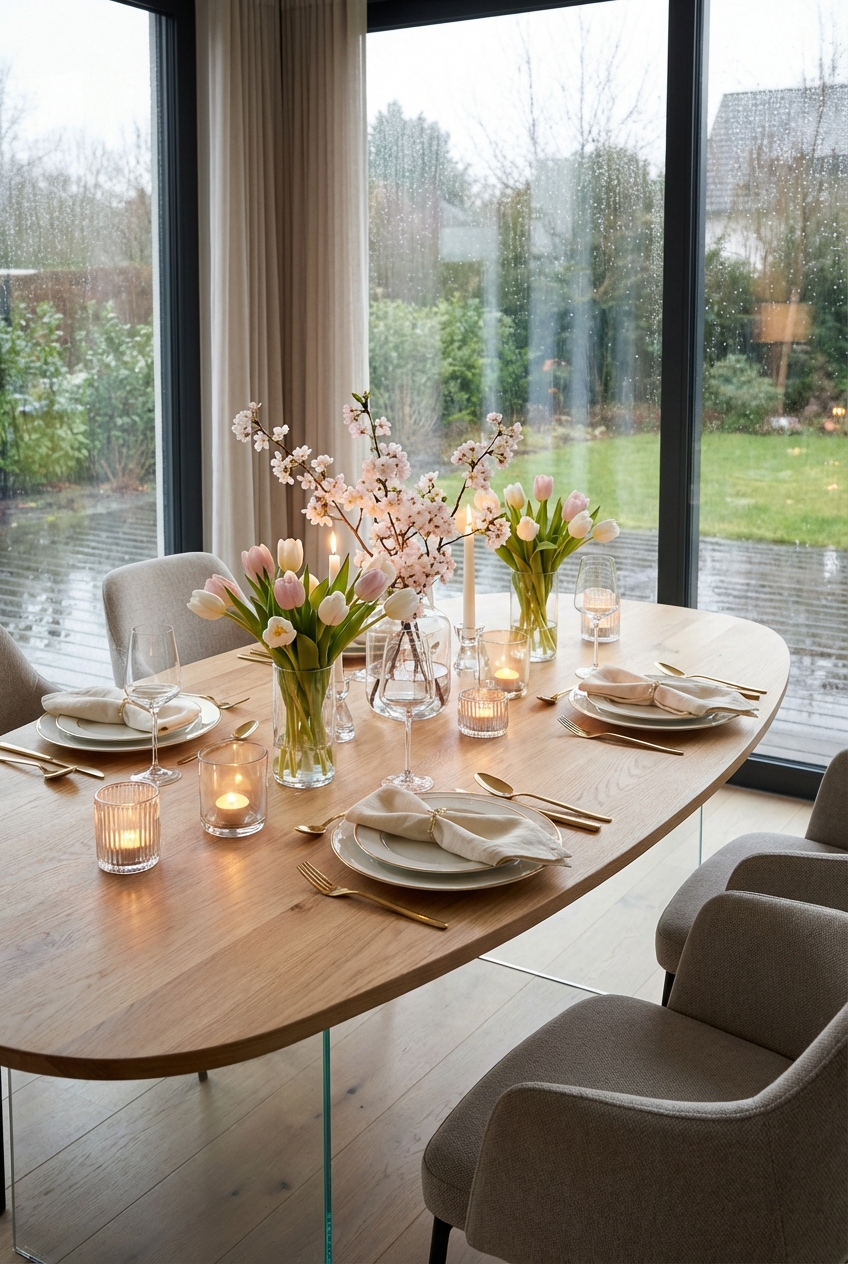 Ein gedeckter Esstisch mit ovalem Hadir Eichenholz und goldenen Besteckakzenten