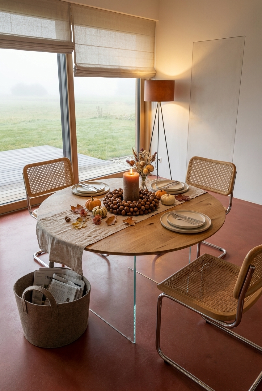 Esstisch Hadir rund: Nüsse, Früchte und trockenes Laub