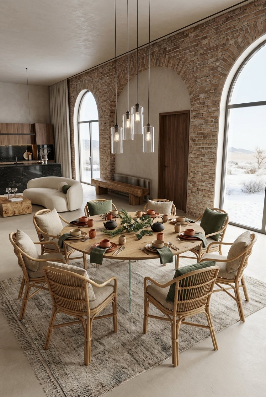 Ein runder Holztisch Hadir aus Wildeiche umgeben von luftigen Rattanstühlen mit grünen und naturweißen Kissen