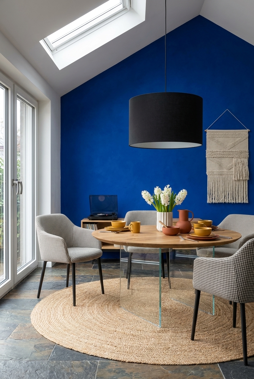 Runde Esstisch Hadir aus Wildeiche vor einer blauen Akzentwand