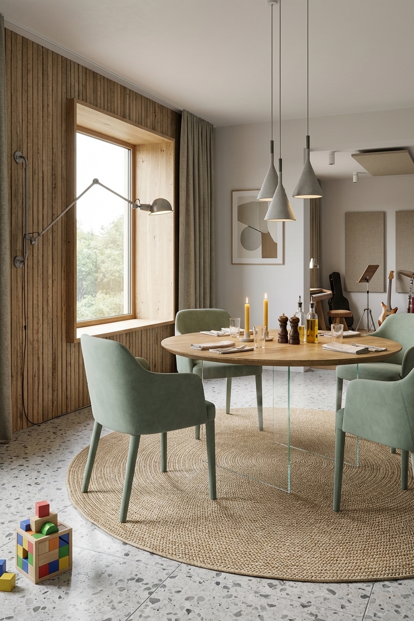 Ein runder Jute-Teppich schafft eine harmonische Ecke im Esszimmer mit dem Esstisch Hadir aus Wildeiche.