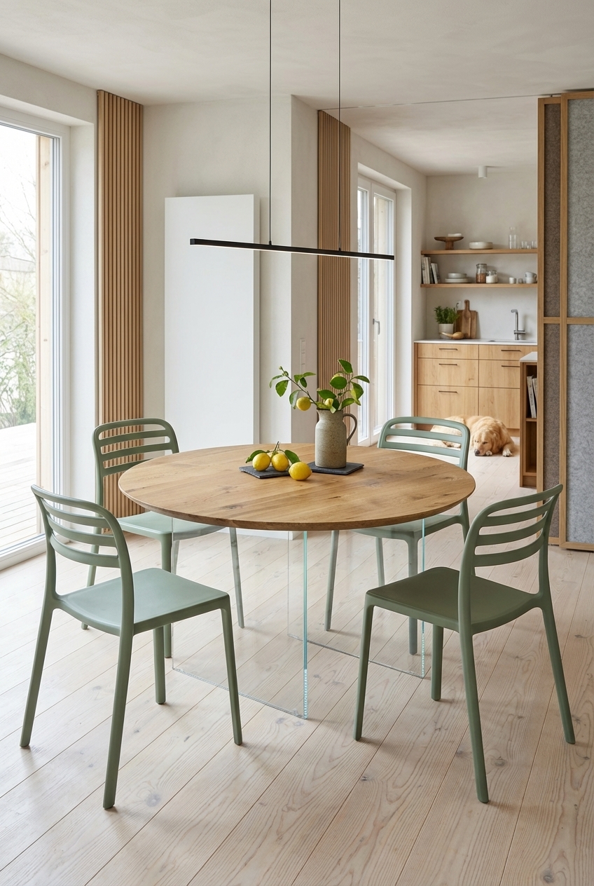 Essbereich mit vertikalen Holzlamellen und rundem Esstisch aus Wildeiche