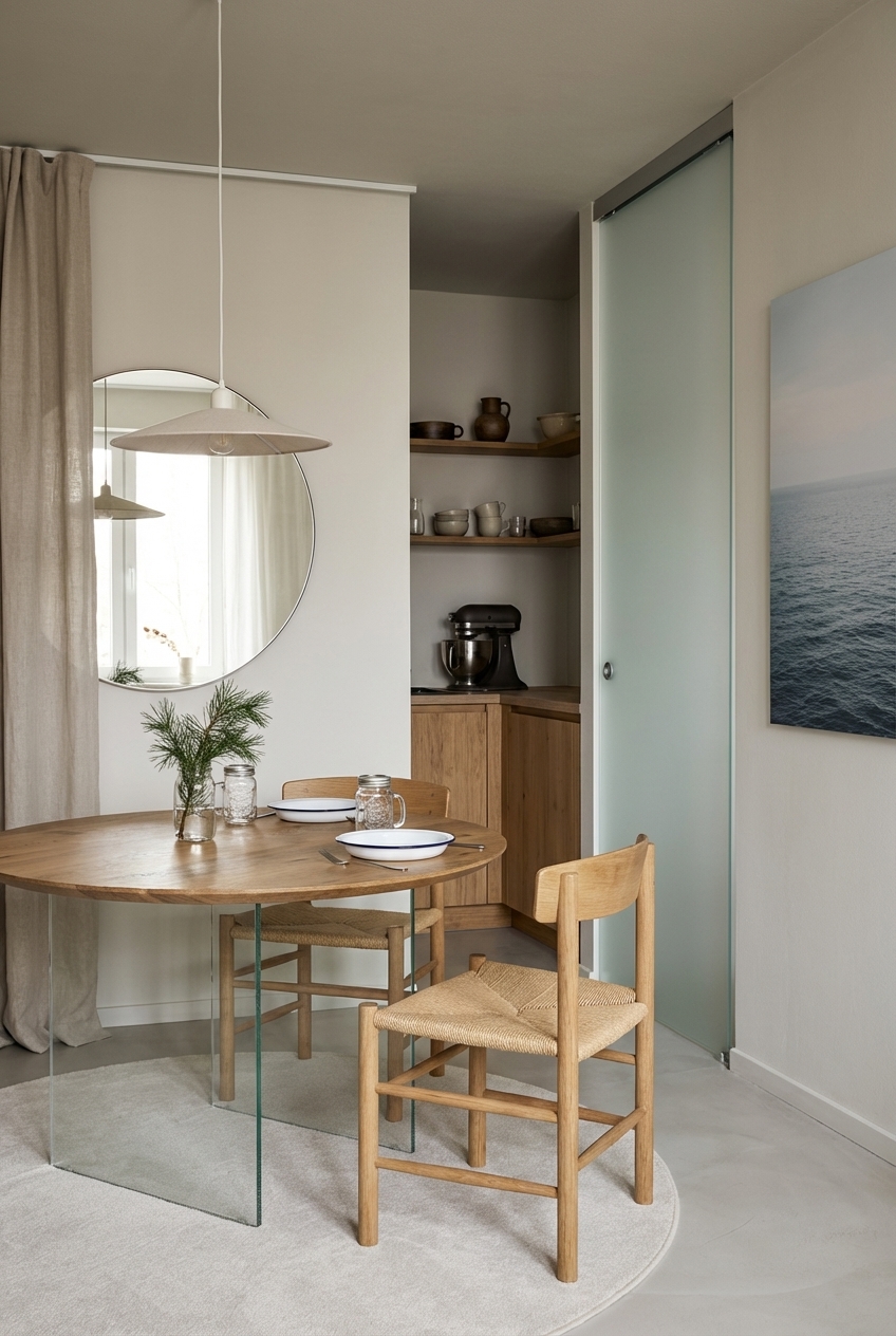 Bodenlanger Vorhang trennt Wohn- und Essbereich sanft, runder Hadir Tisch aus Wildeiche integriert sich harmonisch.