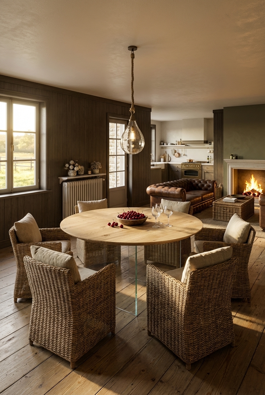 Geflochtene Stühle kontrastieren harmonisch mit dem runden Esstisch Hadir aus Wildeiche
