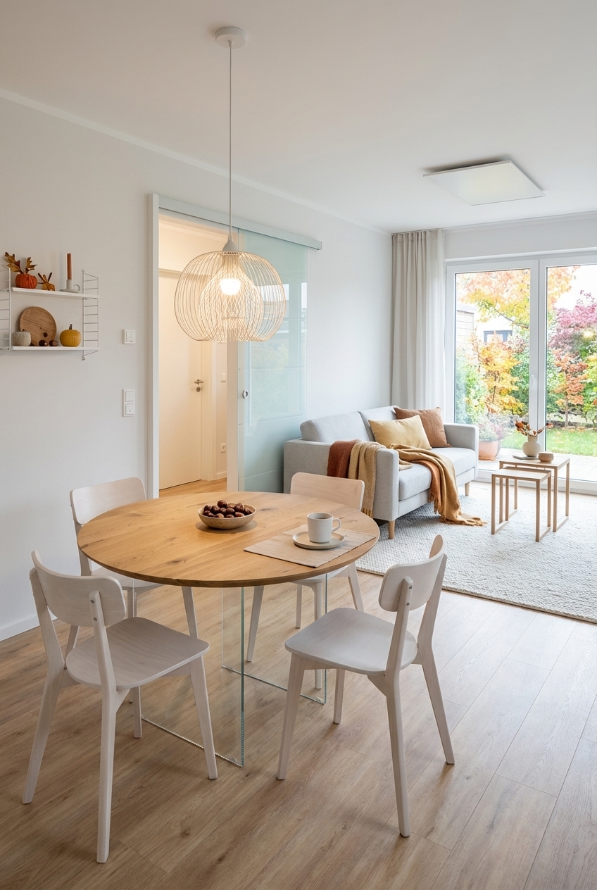 Helles Wohnzimmer und Esszimmer in harmonischen Tönen mit einem runden Esstisch aus Wildeiche