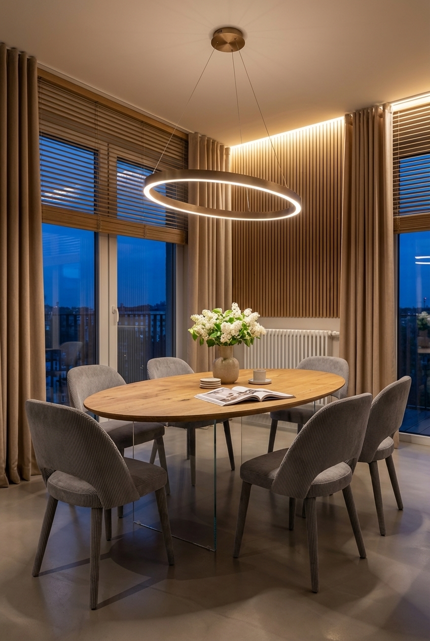 Ein runder Esstisch Hadir aus Wildeiche mit transparenten Tischbeinen, die Licht reflektieren.