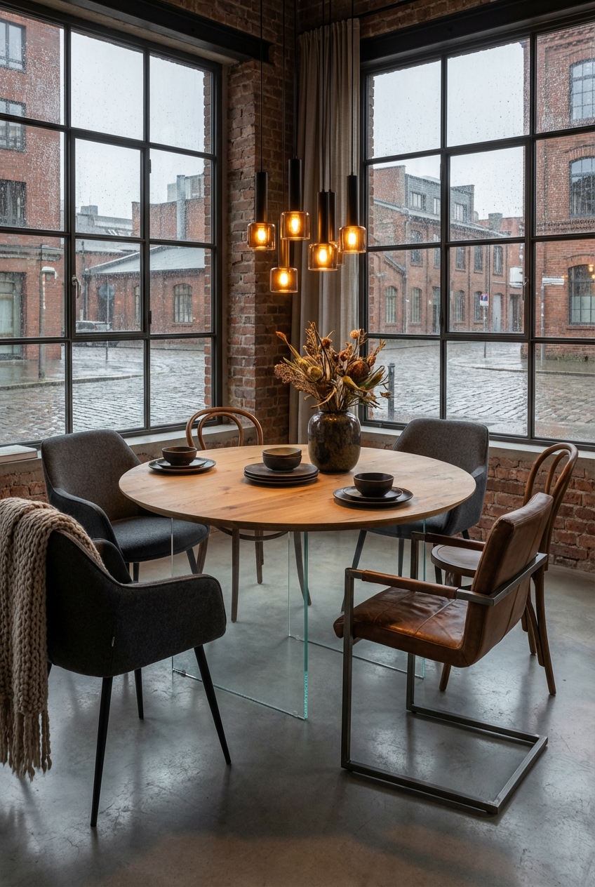 Matt-schwarzes Geschirr betont den runden Esstisch Hadir aus Wildeiche und schafft einen modernen Kontrast