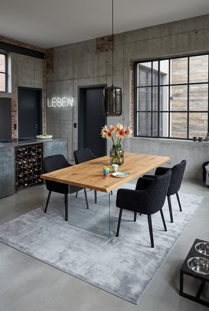 Essbereich mit Sichtbetonwand, Esstisch Hadir aus Wildeiche und dunklen Polsterstühlen