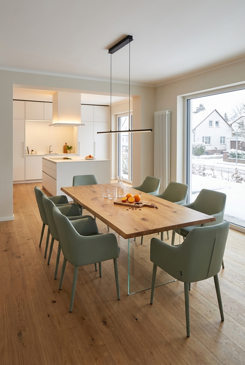 Ein Esstisch aus Wildeiche mit transparenten Tischbeinen, der Leichtigkeit ins Esszimmer bringt