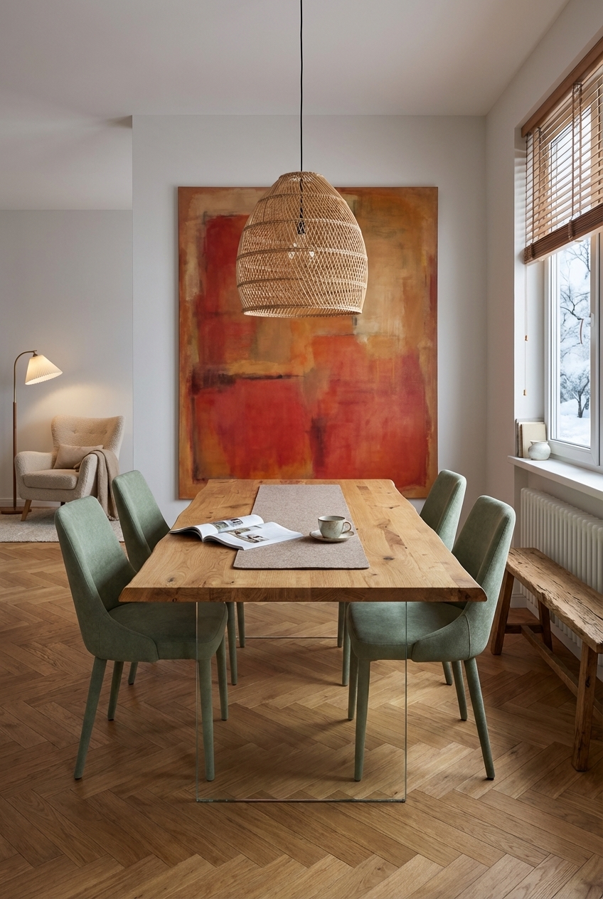 Großformatiges Bild an heller Wand harmoniert mit Esstisch Hadir aus Wildeiche