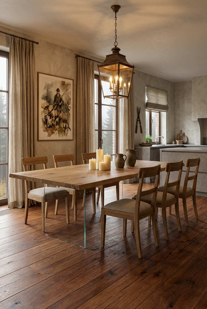 Esstisch Hadir aus Wildeiche zwischen zwei Fenstern, umgeben von Naturton-Vorhängen