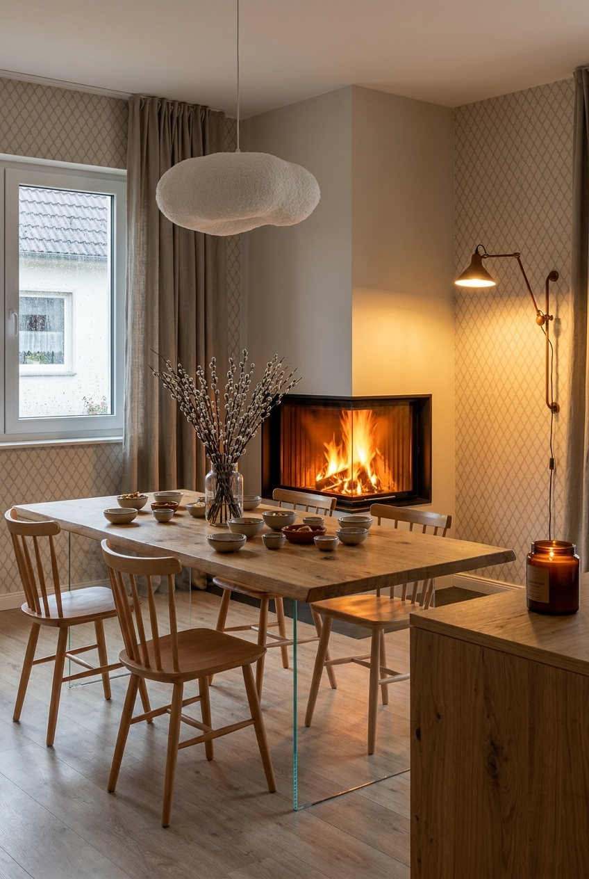 Esstisch Hadir aus Wildeiche vor einem modernen Eckkamin im kleinen Esszimmer