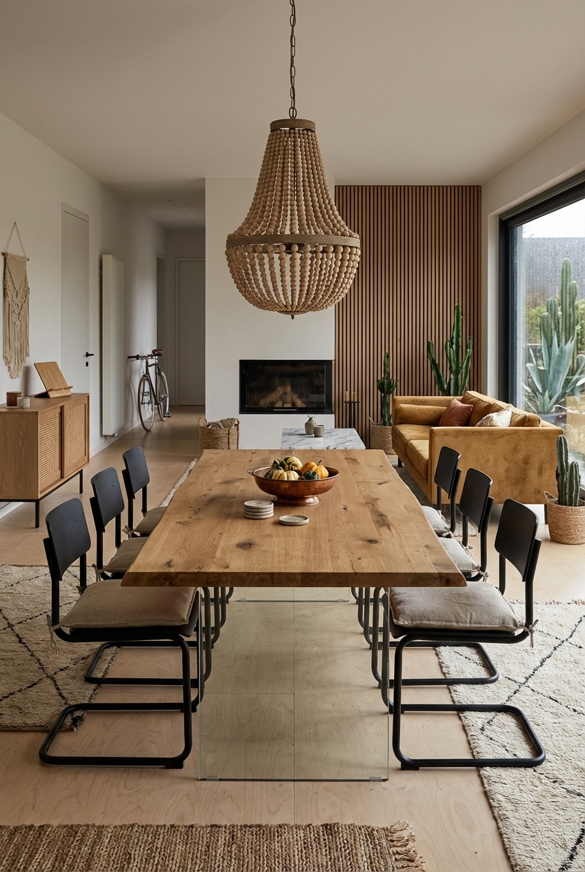 Hängeleuchte aus Holzperlen über einem Esstisch aus Wildeiche schafft warmes Licht