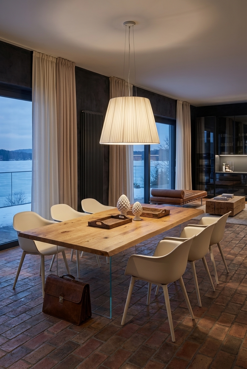 Essbereich mit bodenlangen, beige Vorhängen, die den Esszimmertisch Hadir aus Wildeiche sanft umrahmen