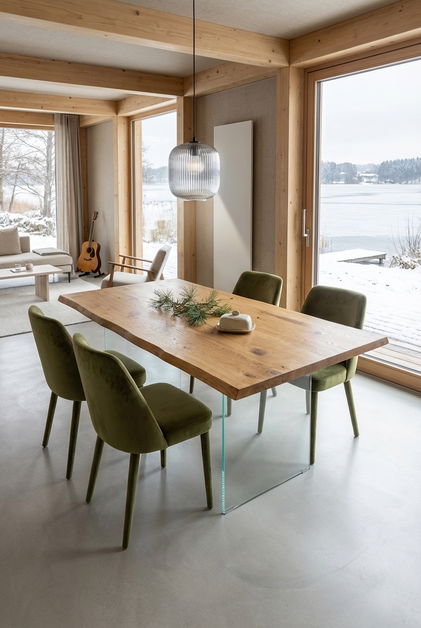 Esszimmer mit Esstisch Hadir aus Wildeiche und gepolsterten Stühlen in gedeckten Grüntönen