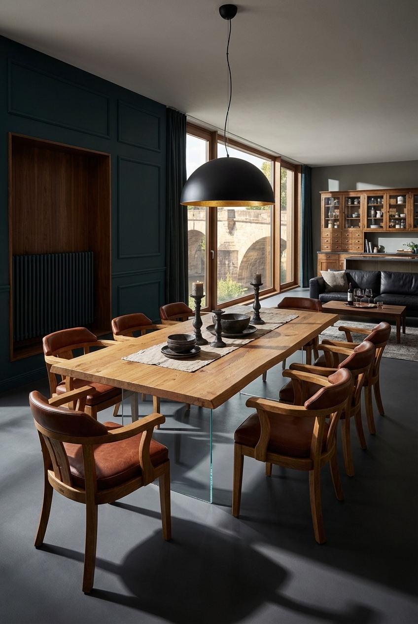 Offene Vitrine aus hellem Massivholz mit Glastüren, die ländliche Akzente im Esszimmer setzt