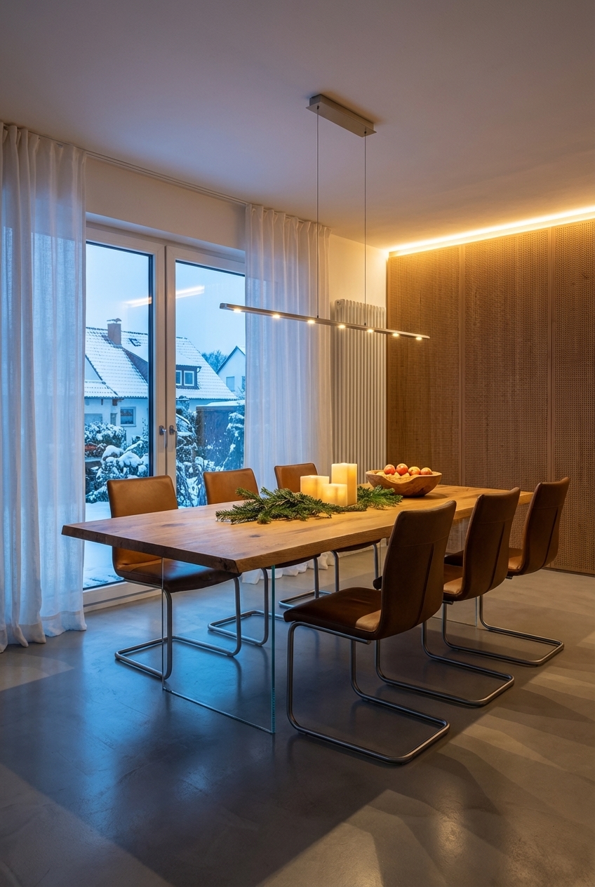 Leichte, transparente Vorhänge streuen das Licht im Esszimmer sanft und schaffen eine warme Atmosphäre am Esstisch Hadir aus Wildeiche