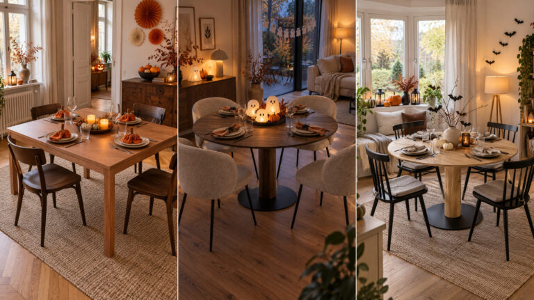 Halloween-Tischdeko mit Serviettenkürbissen, Geisterlaternen und Fledermauszweigen auf drei Holztischen