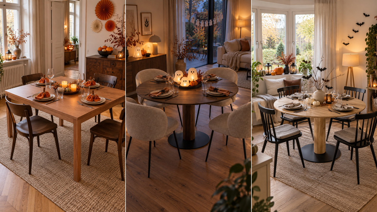 Halloween-Tischdeko mit Serviettenkürbissen, Geisterlaternen und Fledermauszweigen auf drei Holztischen