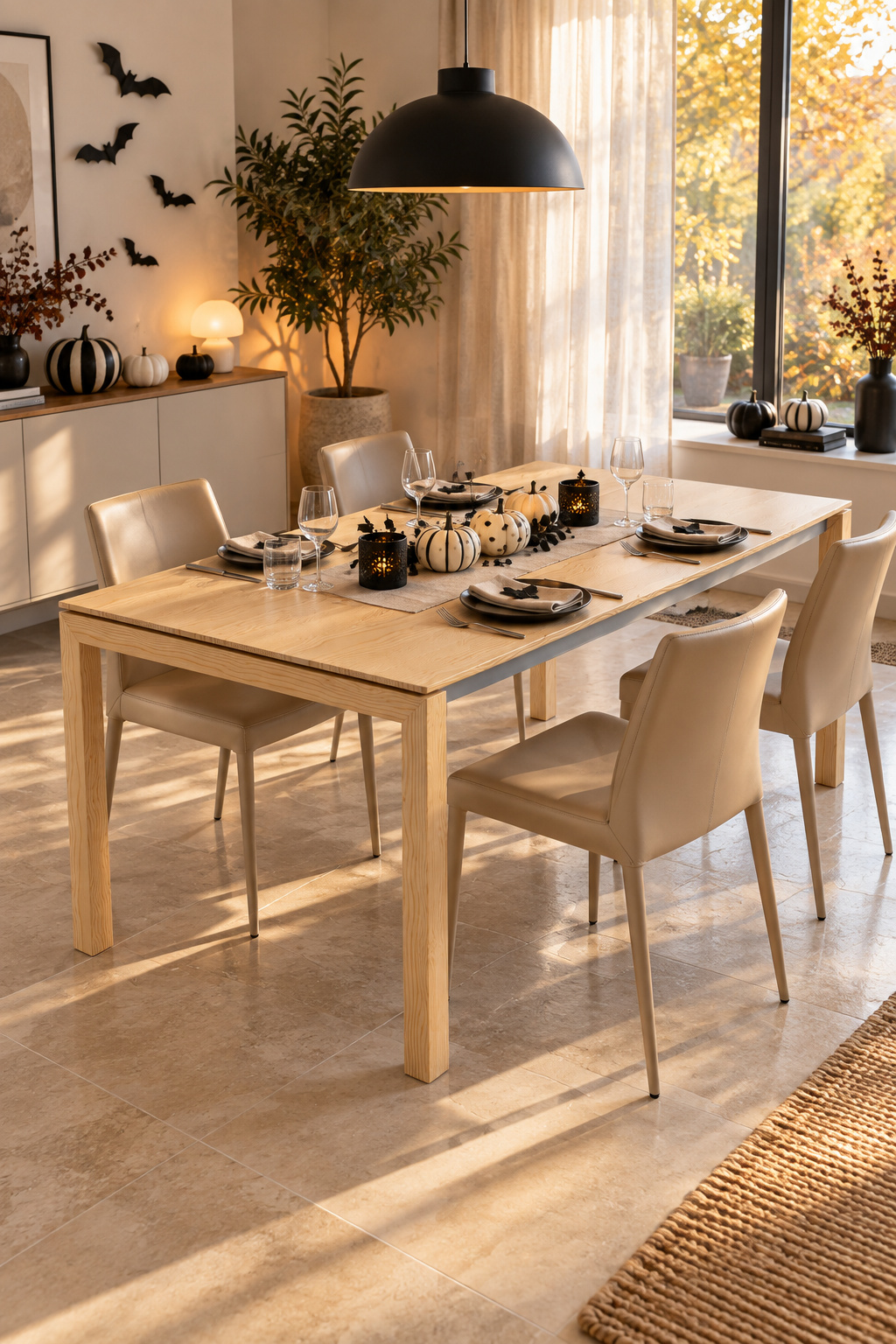 Schwarzweiß bemalte Kürbisse auf Bari Holz mit heller Platte