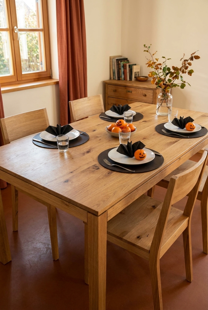 Mandarinen mit Halloween-Gesichtern auf dem Esstisch Grado Holz