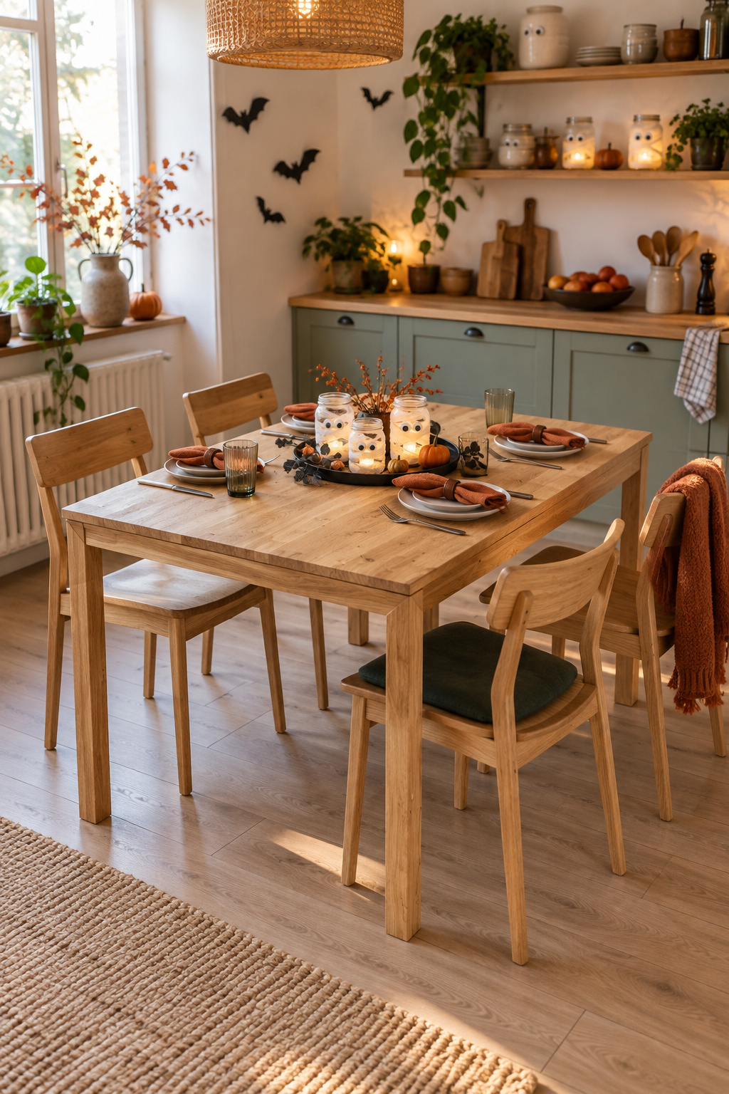 Mumiengläser als Tischdeko auf Grado Holz in einer grünen Essküche