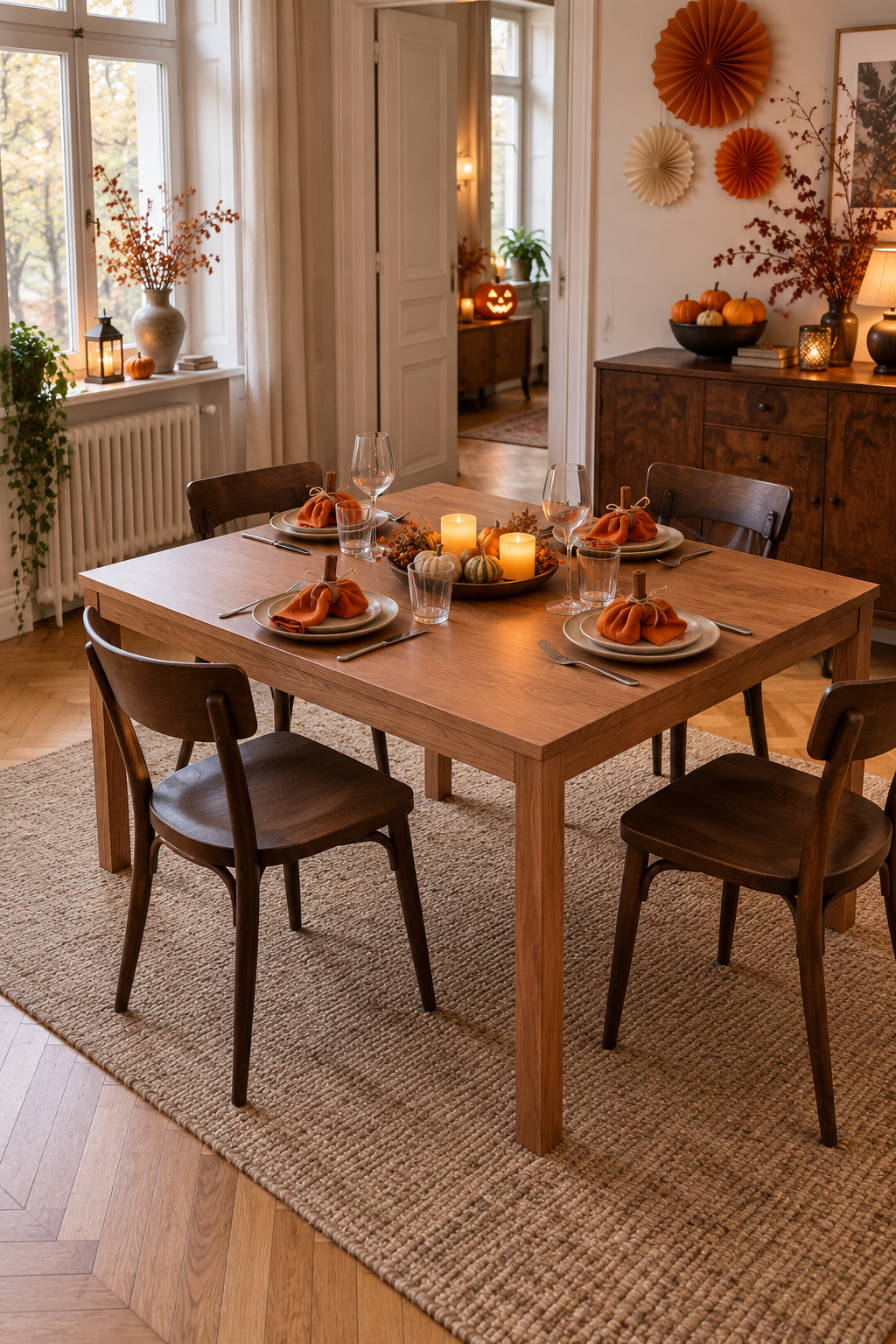 Orange Servietten als Kürbisse auf dem gedeckten Tisch Grado Holz
