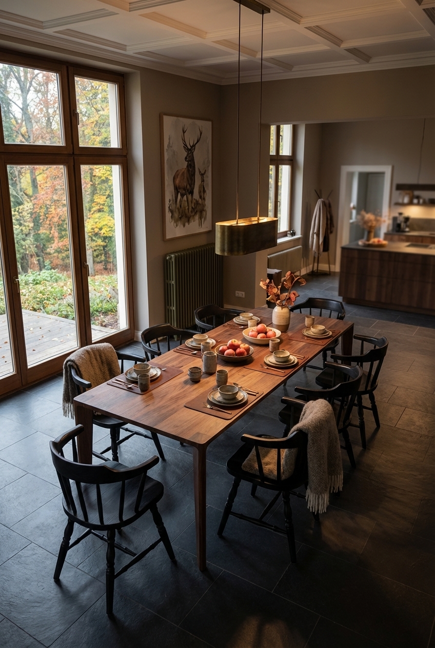 Dunkle Stühle auf einem Holzfußboden betonen den Nussbaumtisch Hanny im Esszimmer.