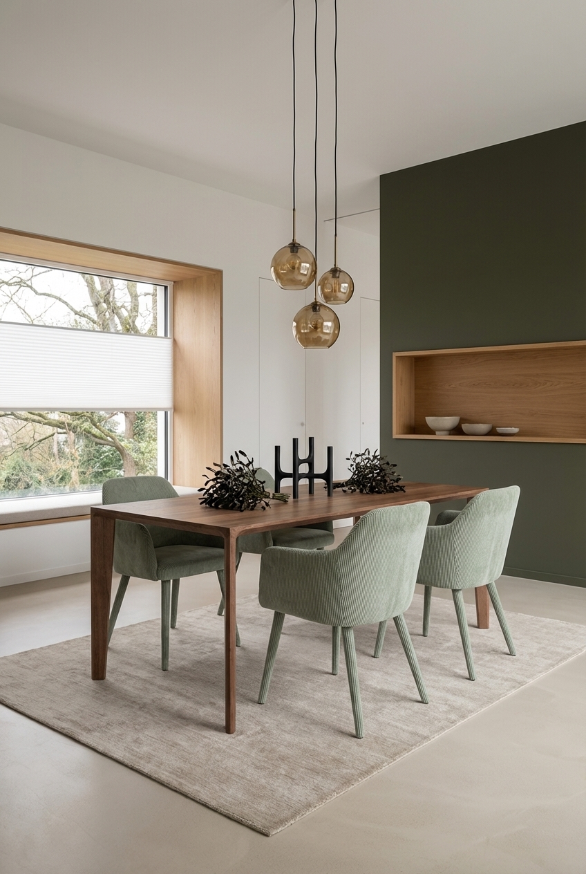 Goldene Tischaccessoires auf dem Nussbaum-Esstisch Hanny vor einer grünen Wand