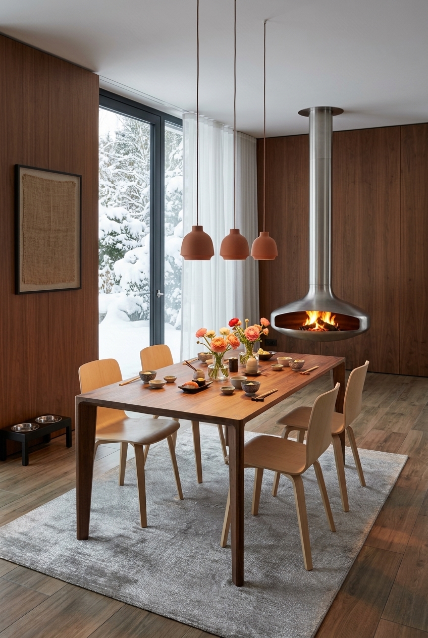 Nussbaum Esstisch Hanny vor einer Holzwand mit freihängendem Kamin