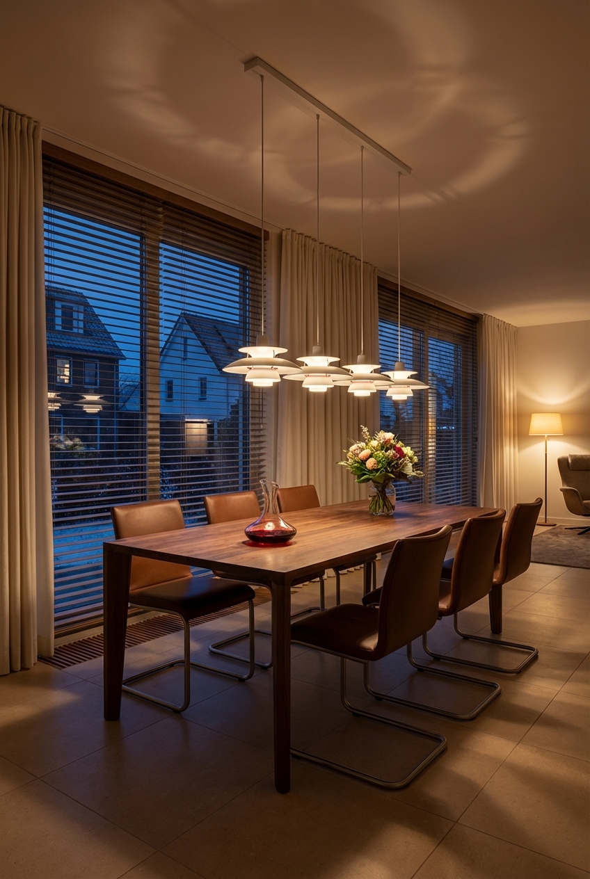 Modernes warmtoniges Licht lenkt gezielt nach unten auf den Esstisch Hanny aus Nussbaumholz